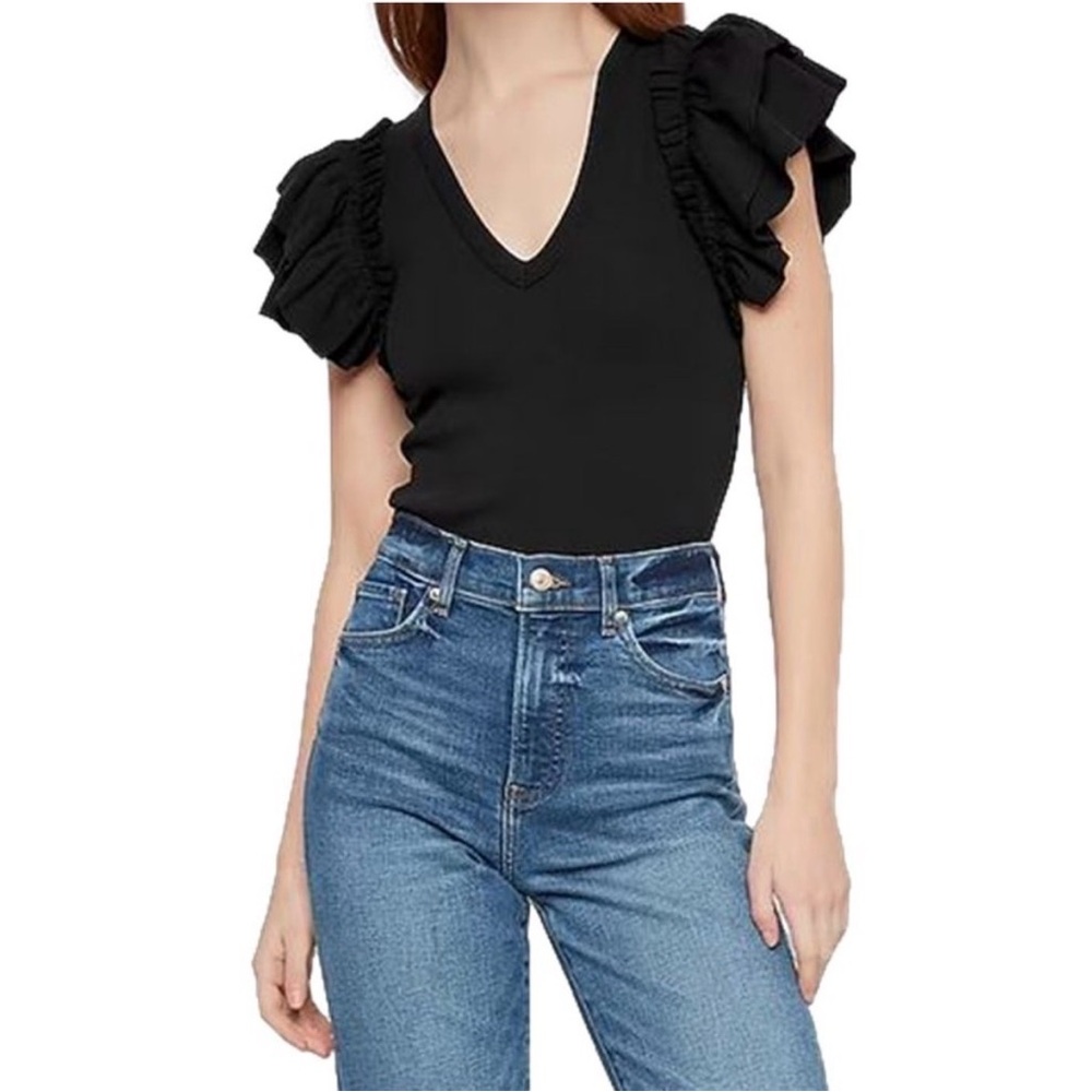 Express Ruffle Sleeve Ribbed V-Neck Top Shirt Bodysuit Black Size M Stretchy